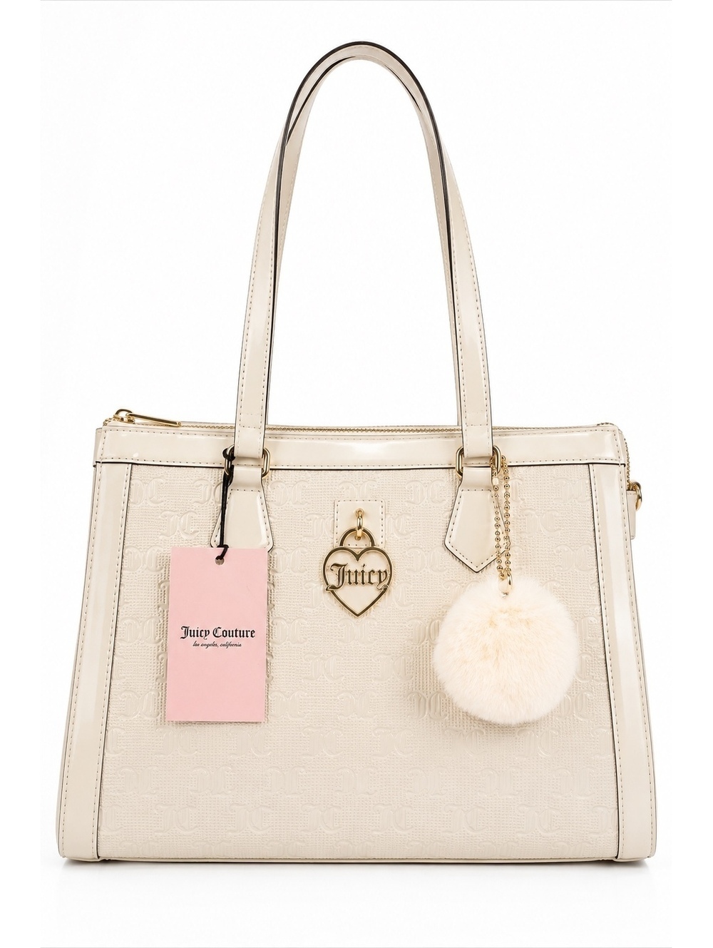 Juicy Couture Cream Monogram Tote Bag NWT Faux Leather Charm & Pom Pom